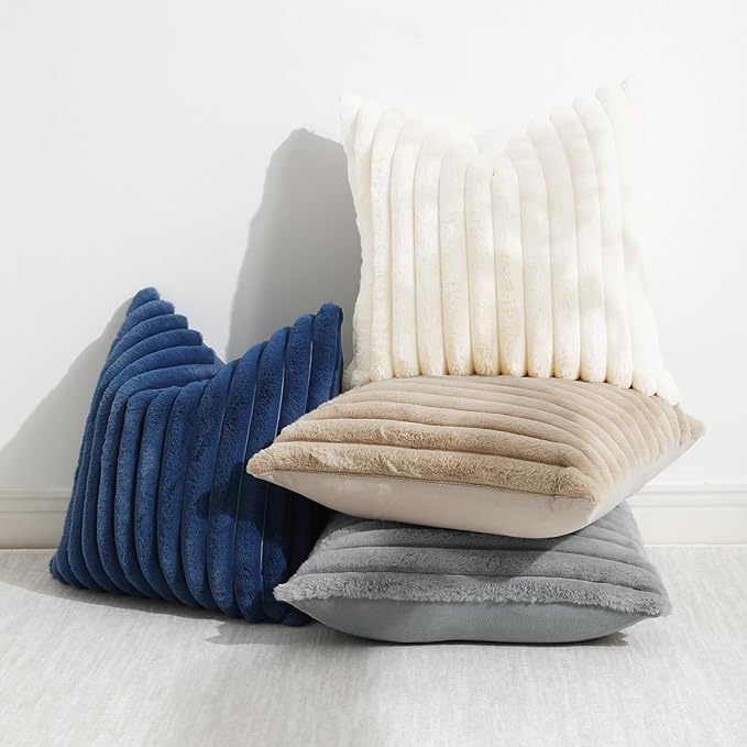 decorUhome Faux Fur Spring Throw Pillow Covers 26x26 Set of 2, Decorative Soft Plush Striped Neutral Couch Euro Sham Pillow Covers with Velvet Back for Sofa, Bed, Living Room Home, Blue