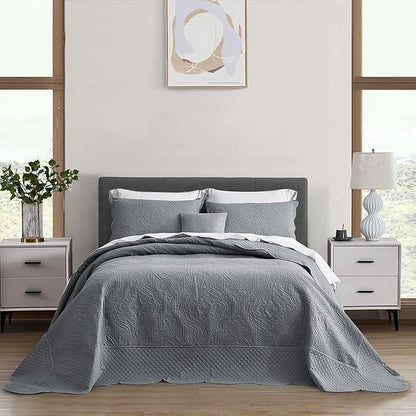 HZ & HY Oversized King Bedspread 138x122 Extra Wide, Ultrasonic Coverlet Bedding Set, Lightweight Thin Comforter, Reversible, 5 Piece, 100% Microfiber, California/Alaskan King, Grey