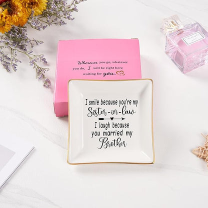Sister in Law Gifts Ring Dish- I Smiled Because You're My Sister in Law Jewelry Dish Tray Trinket Dish, Birthday Gifts for Sister in Law Wedding Christmas Valentines Mother's Day Gift, White