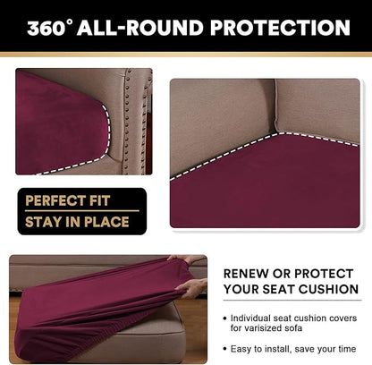 PrinceDeco Stretch Velvet Couch Cushion Cover,Soft Cushion Slipcover for Chair Cushion Furniture Protector Seat Cushion Sofa Cover Width Up to 29.5", Burgundy
