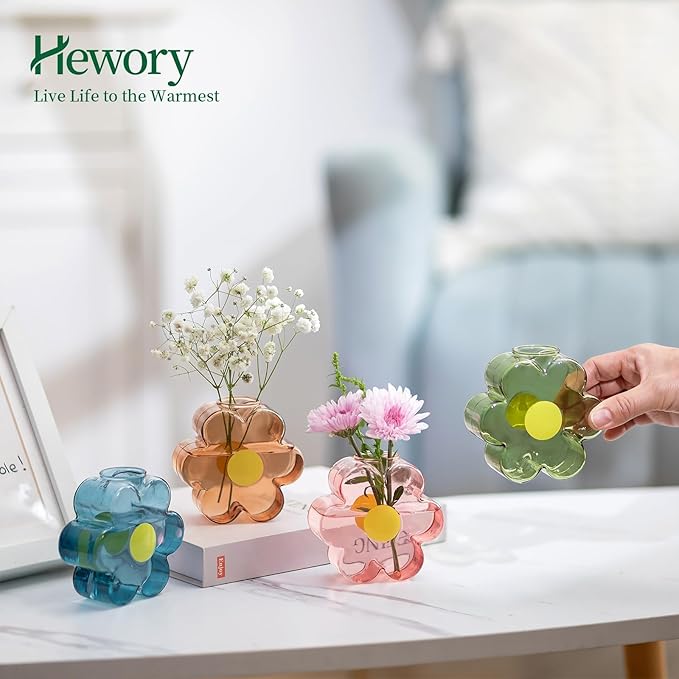 Hewory Unique Small Vases for Flowers: Colorful Vase Set Girly Home Shelf Decor - Cute Glass Bud Vases for Centerpieces Modern Living Room Office Bedroom (Pink & Blue & Green & Amber)