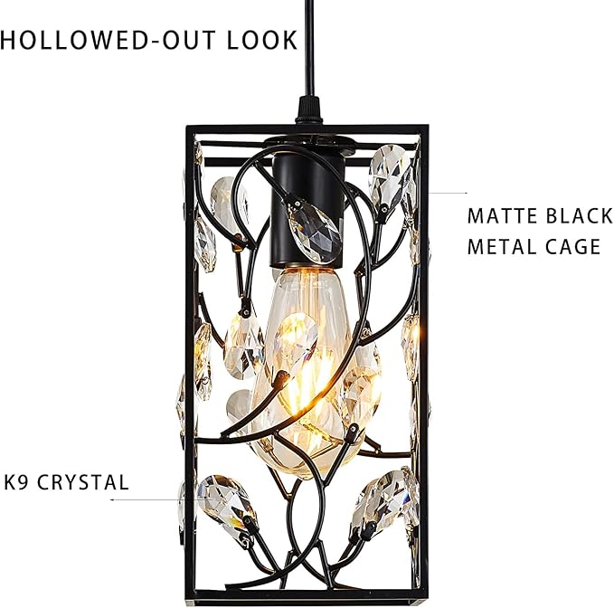 Modern Mini Crystal Pendant Light with Metal Cage 1-Light Rectangular Pendant Lighting Fixture for Kitchen Island Sink Countertop Dining Room Farmhouse, Matte Black Finish
