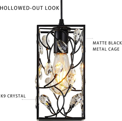 Modern Mini Crystal Pendant Light with Metal Cage 1-Light Rectangular Pendant Lighting Fixture for Kitchen Island Sink Countertop Dining Room Farmhouse, Matte Black Finish