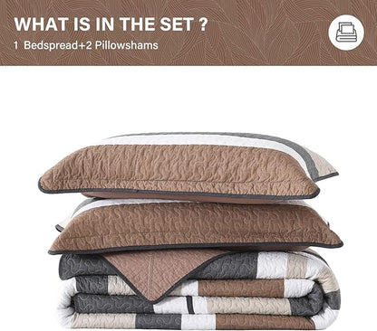 SahSahCasa 120"x102" 100% Cotton Oversized Queen Bedspread Coverlet Striped Quilt Set, Quilted Bedspread Extra Large Quilt, XL Bed Spread Lightweight Comforter, 3pc, Charcoal/Brown/Beige