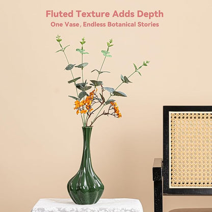 Christmas Decor Emerald Green Ceramic Vase with Fluted Texture - 9.1" Unique Flower Vase for Pampas Grass & Centerpieces, Decorative Boho/Farmhouse Vase for Living Room, Office & Gift for Her/Yourself
