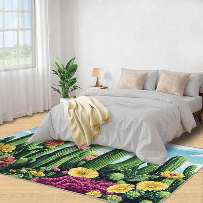 Cactus Living Room Rugs, Desert Oasis Area Rugs 5x8 Rug Succulents Non-Slip Washable Rugs Stain Resistant Rug Low-Pile Throw Rug for Bedroom Dining Room Office