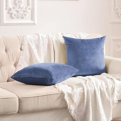 FY FIBER HOUSE Pack of 2 Velvet Throw Pillow Covers Decorative Pillowcase Soft Solid Cushion Cover, 16 x 16 Inch, Stone Blue