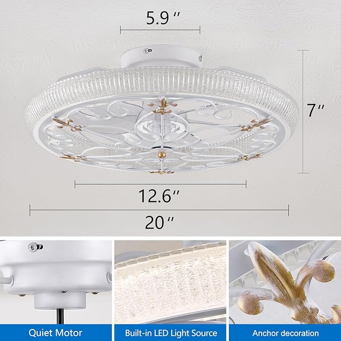 Rustic White Caged Ceiling Fan, Farmhouse Ceiling Fan with Lights Remote Control with Crystal, LED Low Profile Ceiling Light for Bedroom Kitchen Living Room