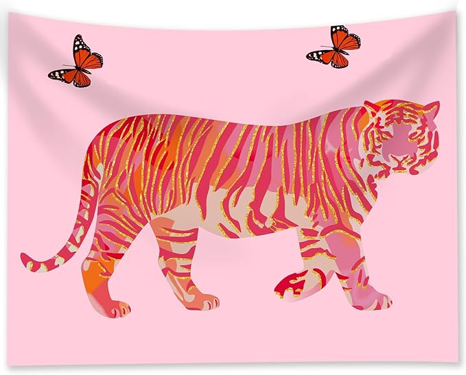 Tiger Aesthetic Tapestry - Pink Butterfly Tapestries, Boho Wall Tapestries, Picnic Sheet Wall Decor Blanket for Girl Bedroomfor Bedroom, Living Room, Dorm - 50 x 60 Inch