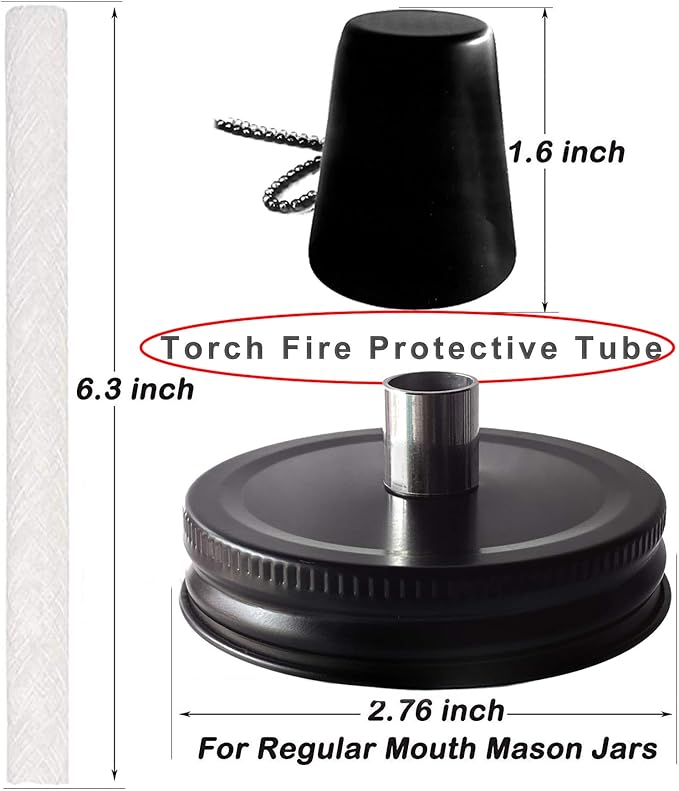 Mason Jar Tabletop Torches Kits,6 Pack Regular Mouth Lids with Protective Tube,Long Life Fiberglass Wicks and Caps,Outdoor Oil Lamp Lights for Patio Garden Camping Decor(Black)