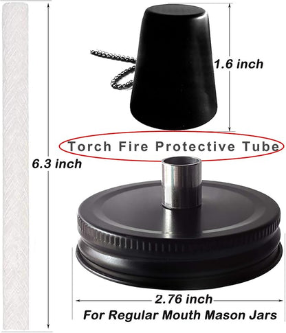 Mason Jar Tabletop Torches Kits,6 Pack Regular Mouth Lids with Protective Tube,Long Life Fiberglass Wicks and Caps,Outdoor Oil Lamp Lights for Patio Garden Camping Decor(Black)