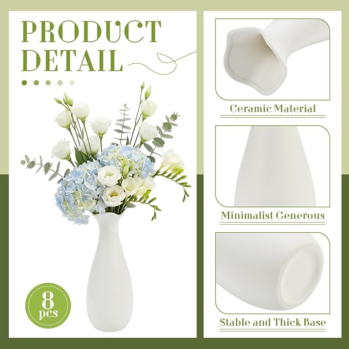 Qinyoung White Ceramic Bud Vase Set of 8, 8'' Small White Flower Vase for Centerpieces Floral Decor for Wedding Party Dining Table Home Decoration(Stylish)