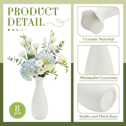 Qinyoung White Ceramic Bud Vase Set of 8, 8'' Small White Flower Vase for Centerpieces Floral Decor for Wedding Party Dining Table Home Decoration(Stylish)