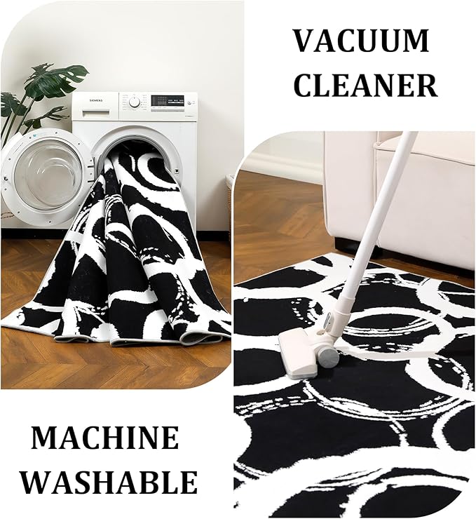 YIHOUSE Black Modern Geometric Area Rug 5x7, Black and White Rug with Abstract Circles,Non-Shedding Washable Rugs for Bedroom, Home Office and Small Living Room