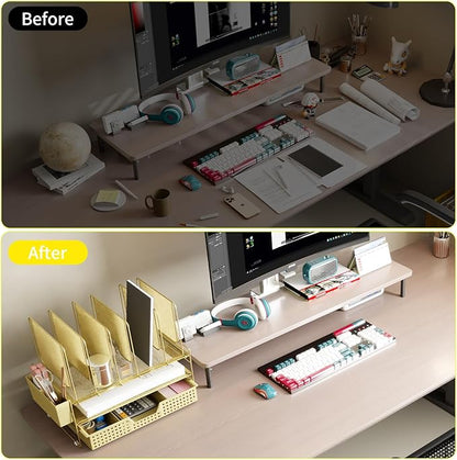 Gold Desk Organizer, Office Organization with Vertical File Holder, File Organizer with Drawer and Pen Holder, Desk Accessories and Workspace Organizers for Home Office (Gold)