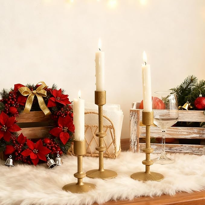 SwallowLiving Candle Holder Table Decor, Antique Brass Gold Taper Candle Holder Set of 3, Iron Candlestick Holders for Pillar Candles, Vintage Decor Centerpiece Table Decorations for Wedding Christmas