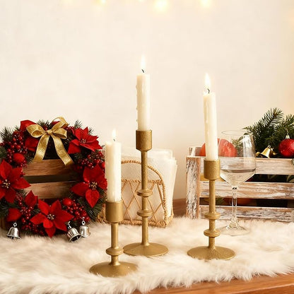SwallowLiving Candle Holder Table Decor, Antique Brass Gold Taper Candle Holder Set of 3, Iron Candlestick Holders for Pillar Candles, Vintage Decor Centerpiece Table Decorations for Wedding Christmas