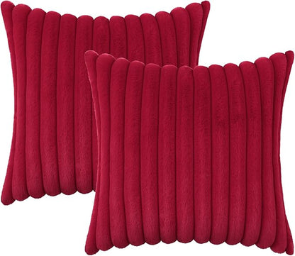 decorUhome Faux Fur Spring Throw Pillow Covers 18x18 Set of 2, Decorative Soft Plush Striped Neutral Couch Pillow Covers with Velvet Back for Sofa, Bed, Living Room Home, Red