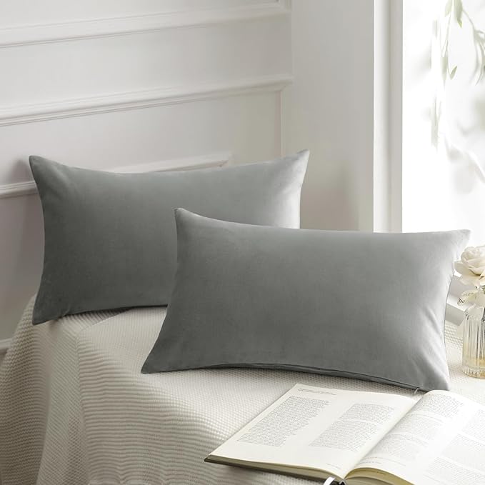 Phantoscope Pack of 2 Velvet Decorative Throw Decorative Pillow Cover Soft Solid Square Cushion Case for Couch Mist Grey 12 x 20 inches 30 x 50 cm
