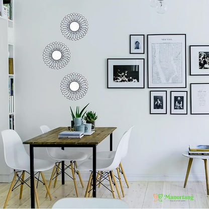 Black Mirrors 3 Piece, Sunburst Mirror Hanging Wall Decor, 9 inch Decorative Mirrors Wall Art, Rhinestone Round Mirror for Bedroom, Christmas, Kitchen, House Warming