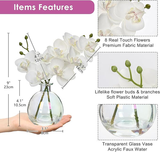 White Orchids Artificial Flowers Faux Orchid Arrangement with Iridescent Glass Vase Set of 2 Real Touch Phalaenopsis Orchid Flowers Orchids Centerpiece for Dining Room Table