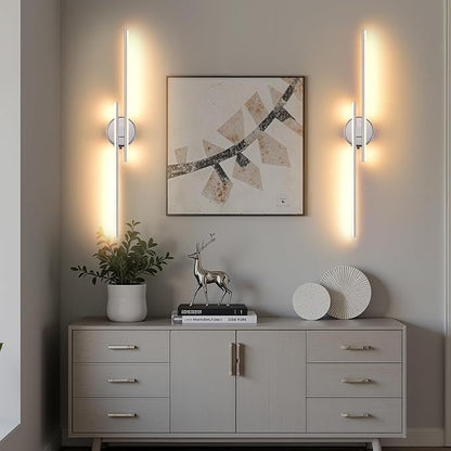 Wireless Battery Operated Wall Sconces with Remote, USB Rechargeable Led Wall Lights, 3000K-6000K Chrome wall sconces for Bedroom, Hallway, Living Room. Chrome 31.4-Inch Wall Light Set of Two