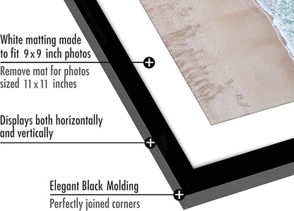 Americanflat 11x11 Picture Frame with Shatter-Resistant Glass - Use as 8x8 Frame with Mat or Display 11x11 Photo Without Mat - Streamline Collection - Thin Border Square Frames for Wall - Black