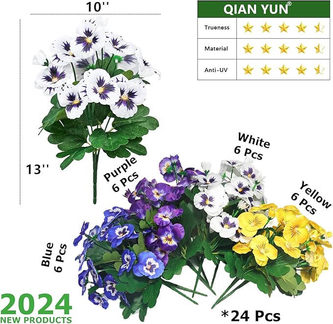 QIANYUN Fake Flowers- 24 Bundles Faux Plastic Purple Flowers for Home Wedding Kitchen Garden Table Centerpieces Indoor Outdoor Decor (Four Mixed Colors)