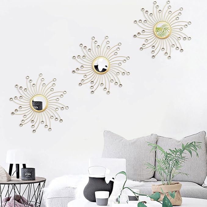 Uaussi 3 Pack Crystal Sunburst Wall Mirror Décor Rhinestone Mirrors Decorative Home Wall Art for Living Room Bedroom Entryway(Curle Burst Gold)