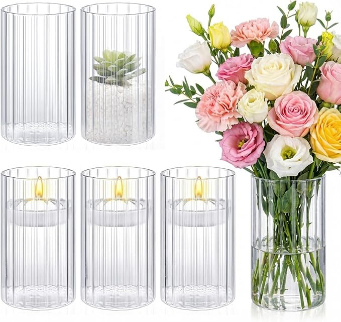6 Pcs 6 Inch Tall Glass Ribbed Cylinder Vases Clear Floating Candle Flower Vase in Bulk, Hurricane Candle Holder for Wedding Housewarming Gift Table Centerpieces