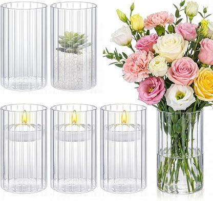 6 Pcs 6 Inch Tall Glass Ribbed Cylinder Vases Clear Floating Candle Flower Vase in Bulk, Hurricane Candle Holder for Wedding Housewarming Gift Table Centerpieces