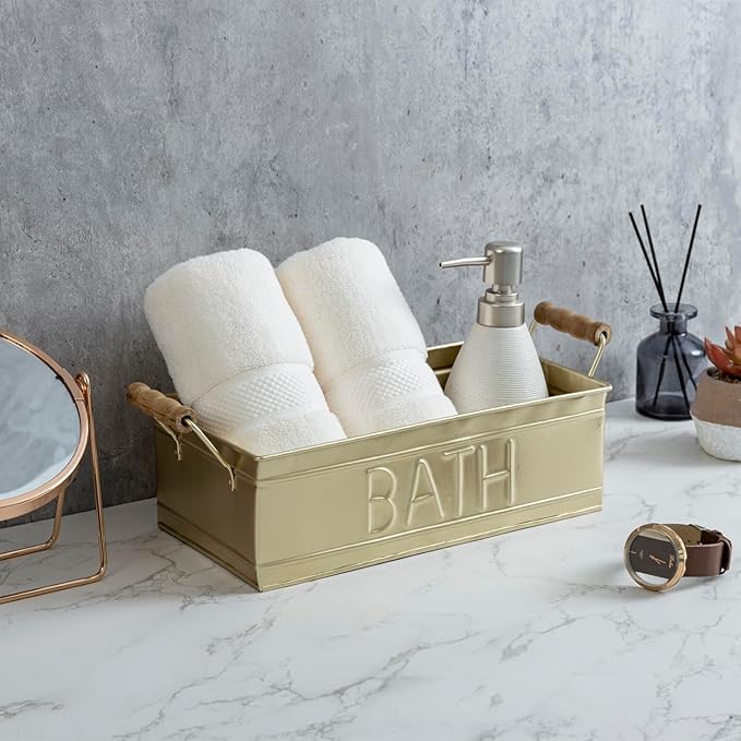 MyGift Vintage Bronze Metal Rectangular Storage Basket with Wooden Handles, Bathroom Toiletries Holder, Organizer Bin with Embossed Bath Label - Handcrafted in India (Brass)