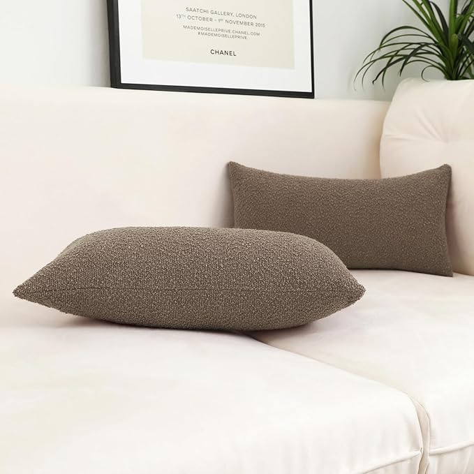 Jeneoo Light Brown Decorative Lumbar Thick Throw Pillow Covers Fine Textured Boucle Couch Cushion Cases for Sofa Decor, Set of 1, 14 x 36 Inch