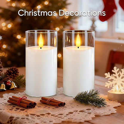 5plots Flameless Battery Operated Candles Set of 2, White LED Candles with Remote Timer, Real Wax Glass Pillar Candles Warm Flickering Light for Indoor Home, Halloween, Christmas Decor D3 x H6 6"
