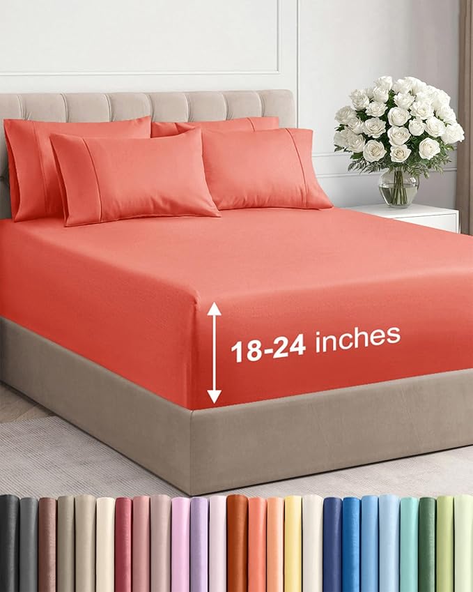 Extra Deep Full Sheet Set - 6 Piece Breathable and Cooling Sheets - Hotel Luxury Bed Sheets Set - Easy & Secure Fit - Soft, Wrinkle Free and Comfy Sheets Set - Coral Sheet Set with Extra Deep Pockets