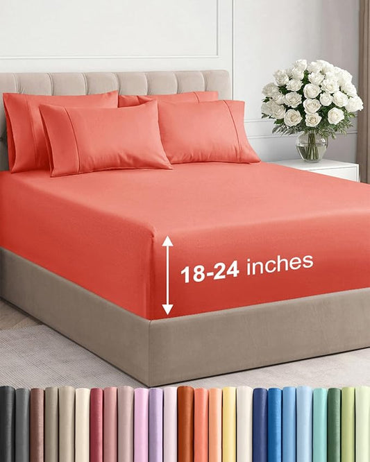 Extra Deep Full Sheet Set - 6 Piece Breathable and Cooling Sheets - Hotel Luxury Bed Sheets Set - Easy & Secure Fit - Soft, Wrinkle Free and Comfy Sheets Set - Coral Sheet Set with Extra Deep Pockets