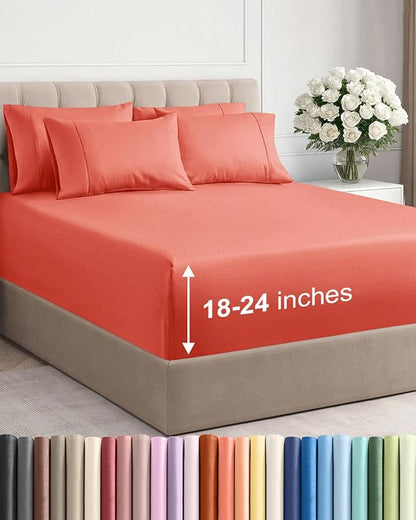 Extra Deep Queen Sheet Set - 6 Piece Breathable and Cooling Sheets - Hotel Luxury Bed Sheets Set - Easy & Secure Fit - Soft, Wrinkle Free and Comfy Sheets Set - Coral Sheet Set with Extra Deep Pockets