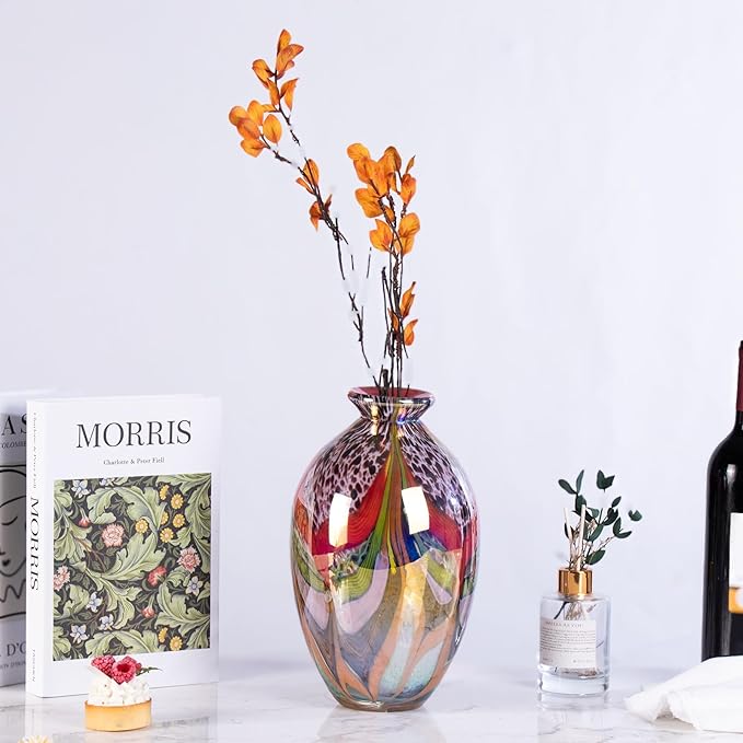 Glass Vases for Flower, Unique Hand Blown Colorful Glass Vase, Modern Art Decorative for Home Living Room, Office, Table centerpieces, Bookshelves and Wedding Decorations (JG34)