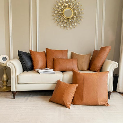 Faux Leather Throw Pillow Covers 20X20 Inch Set of 2 Brown Outdoor Modern Farmhouse Solid Decorative Pillow Covers for Room Couch Living Bedroom Bed Sofa