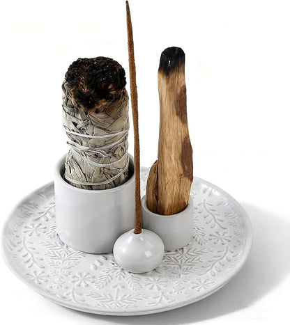 5 in 1 Incense Holder Burner, 5.9" Ceramic Holder for Burning Palo Santo Sage Candle and Incense Sticks Cones, Ash Catcher Tray for Meditation Room Home Décor (White)