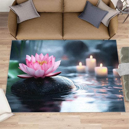 Zen Stones Washable Area Rug 4x5, Pink Petals Soft Rugs for Living Room Recuperative Spa Carpet Area Rugs for Bedroom Dining Room Non-Slip Stain Resistant Rug