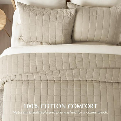 EVERGRACEHOME 100% Cotton Box Stitch Quilt Bedding Set King Size 3 Pieces, Garment-Washed Lightweight Soft Cozy Coverlet, Oversized Quilted Bedspread Sets with 2 Shams for All Season, Pebble Khaki