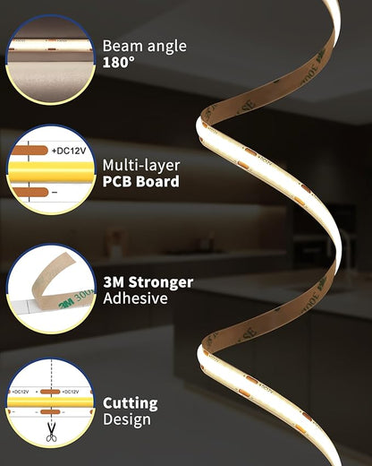 GOOVER COB LED Strip Lights 16.4ft, 4000K Natural White DC 12V Dimmable Tape Light, Ra 95+,150+LM/FT, 98 LEDs/ft, 2.2W/ft, 1600 LEDs, UL Listed for Cabinets,Bedroom(Power Supply Sold Separately)