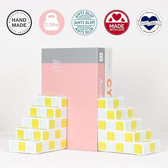 Decorative Bookends for Shelves - Stair Book Ends for Heavy Books - Unique Book Stopper & Holder for Shelves - Modern Home Decor Aesthetic Bookshelf Decor (Yellow & White)