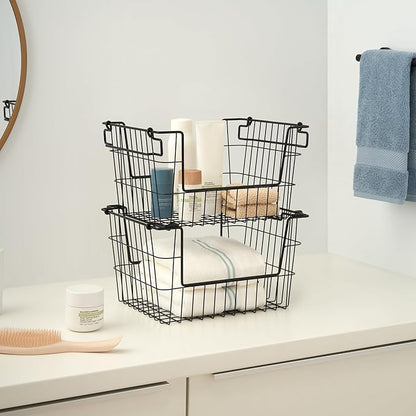 TRINITY 2-Pack Stackable Metal Wire Storage Baskets With Handles, Black, 14 Inches
