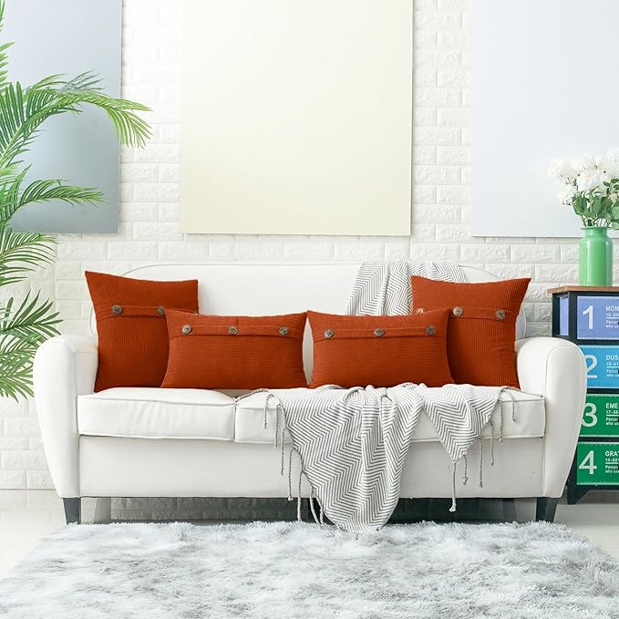HWY 50 Burnt Orange Chenille Throw Pillow Covers 18x18 Inch with Triple Buttons, Soft Fall Farmhouse Accent Decorative Cushion Cases for Couch Sofa Bed Living Room Bedroom Pack of 2