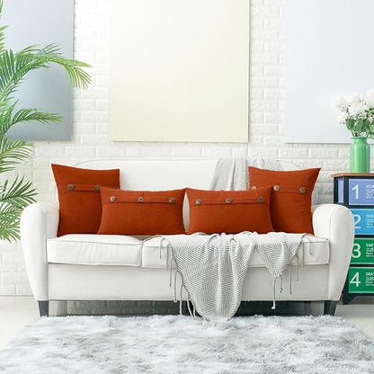HWY 50 Burnt Orange Chenille Throw Pillow Covers 18x18 Inch with Triple Buttons, Soft Fall Farmhouse Accent Decorative Cushion Cases for Couch Sofa Bed Living Room Bedroom Pack of 2
