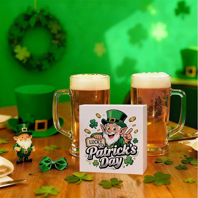 St. Patrick's Day Decor Lucky St Patrick's Day Wooden Box Sign, Cartoon Leprechaun Irish Theme Tabletop Decor for Home Bar Shelf Desk, Farmhouse Holiday Wooden Decoration Party Gift 5 x 5 Inches