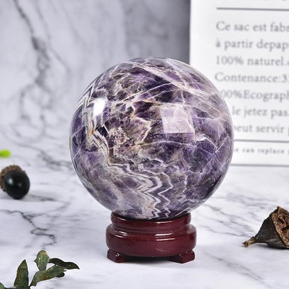 JIC Gem 3.1-3.5 inch(80-90mm) Large Crystal Ball Chevron Amethyst Healing Crystals Sphere with Wooden Stand Meditation Home Decor