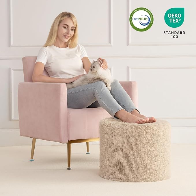 Hansleep Pouf Ottoman Foam Filled 17 x 14, Faux Fur Round Ottoman Foot Rest for Chair with Washable Cover, Foot Stools Under Desk for Living Room & Bedroom, Brown